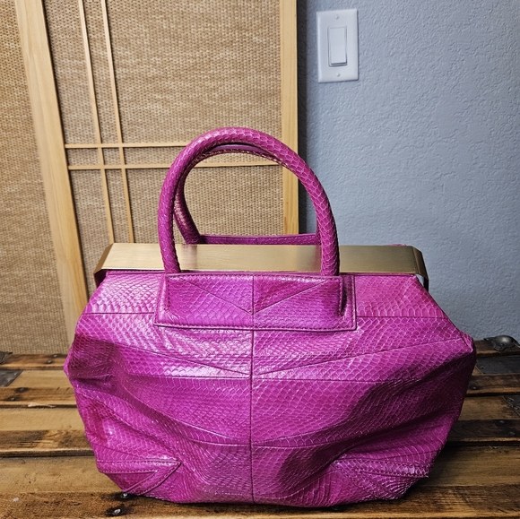 Brian Atwood Handbags - Brian Atwood Magenta Snakeskin Leather Metal Detail Shoulder Purse